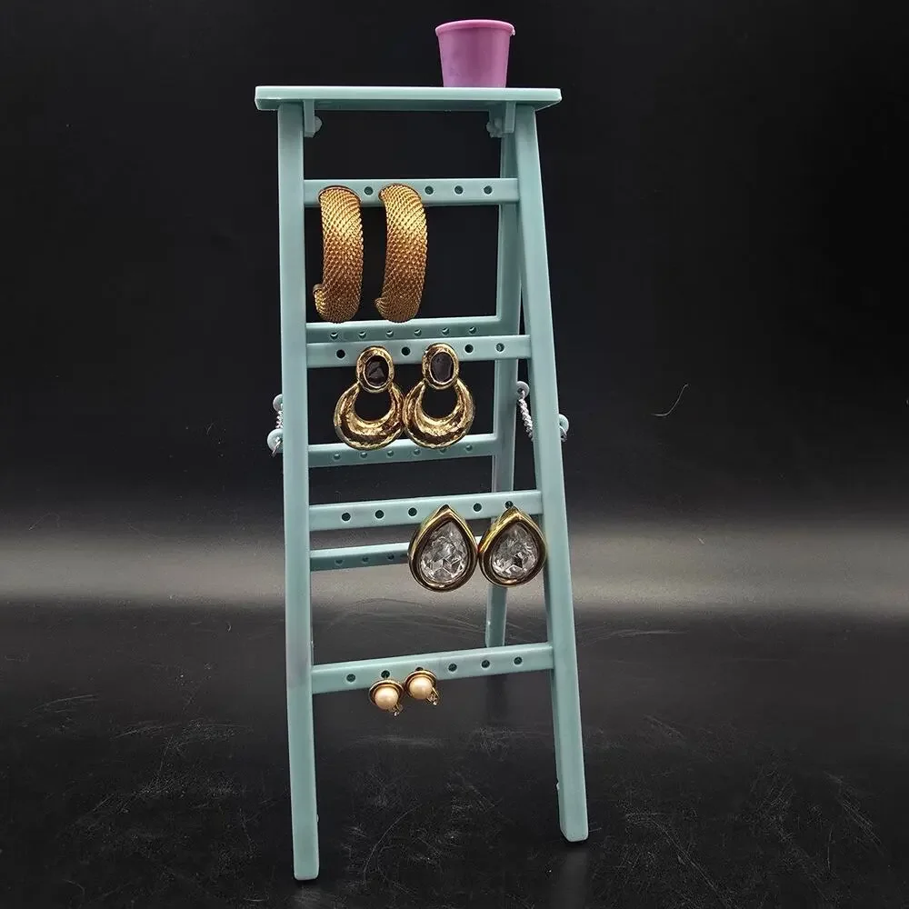 Vintage Blue Ladder Earring Rack Tree with Paint Bucket Plastic 1980s